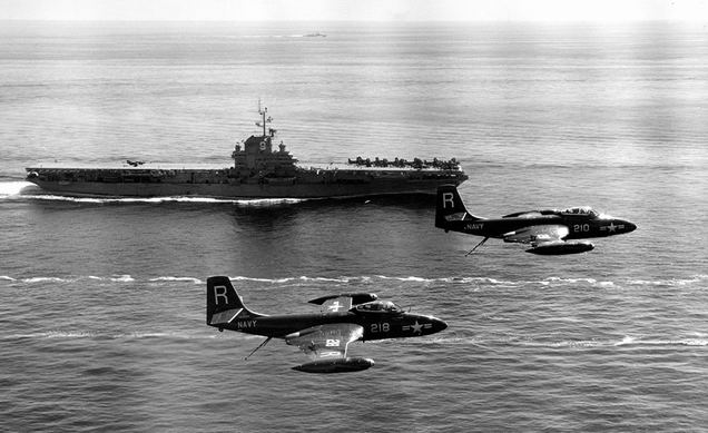F2H-2 Banshees of Fighter Squadron 172 (VF-172) “Blue Bolts” returning to the aircraft carrier USS Essex (CV-9) during the Korean War